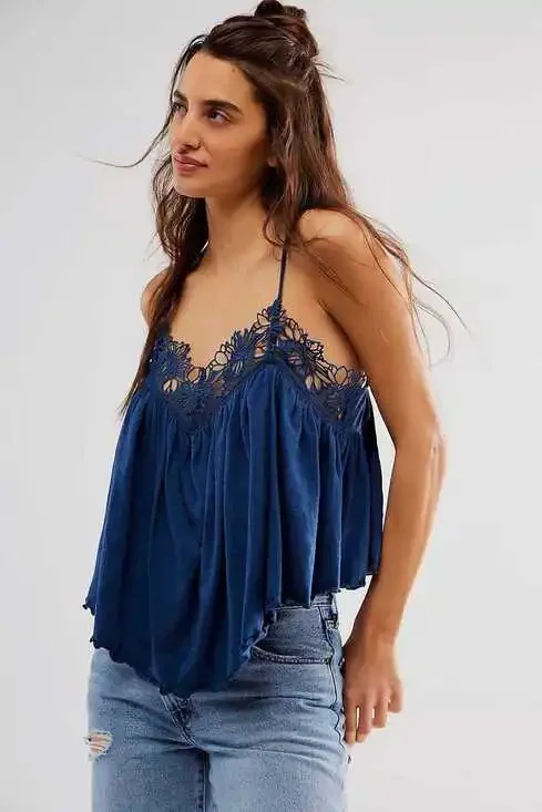NWT Free People Kayla Tank Navy Blue Boho Lace Trim Cami Top