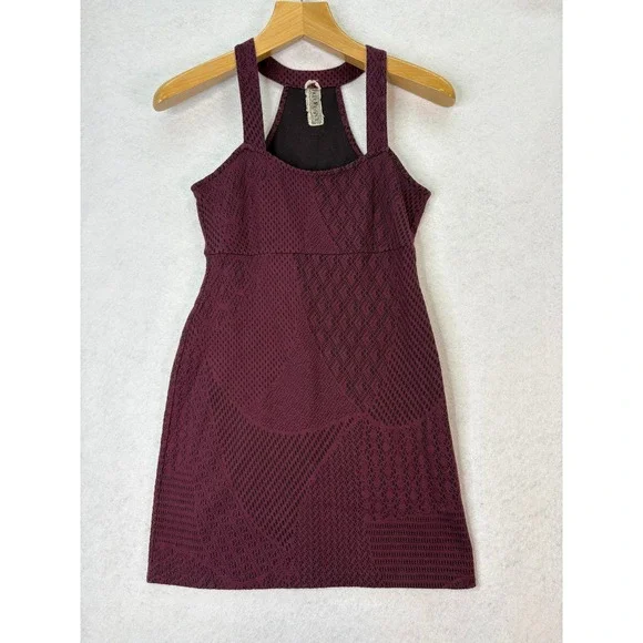Free People‎ Burgundy Textured Halter Mini Dress Womens Small Boho Jacquard
