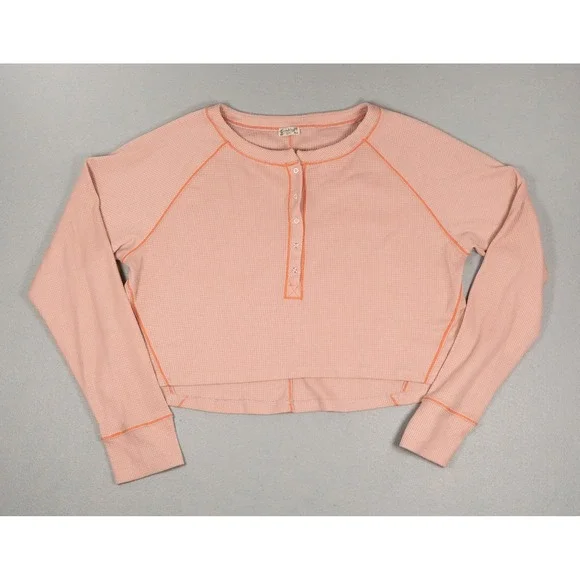 Intimately Free People Thermal Henley Top Pink Orange Contrast Stitch Cropped L