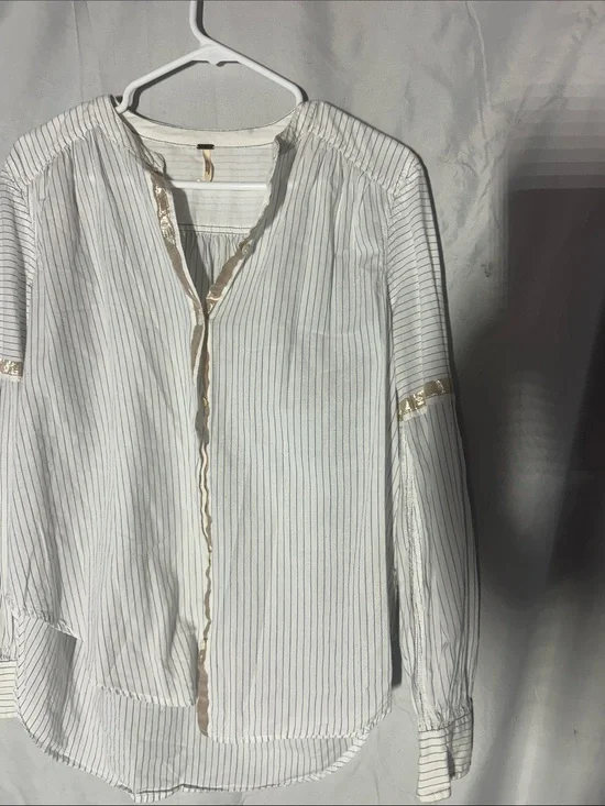 Free People White Pinstripe Button-Down Blouse with Gold Trim