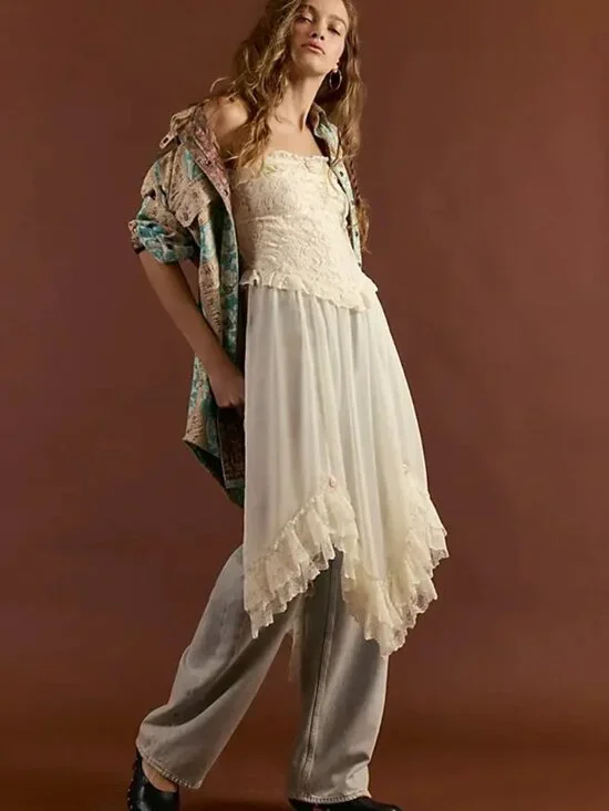Free People Jocelyn Maxi Tunic Festival Cottagecore Sheer Lace Dress Rosettes M