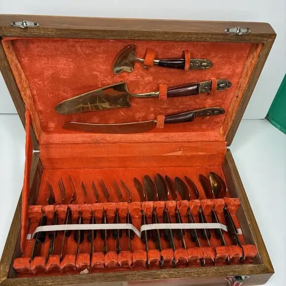 Vintage Thailand Siam Set For 8 Teak Brass Dessert Flatware w/Wooden Case