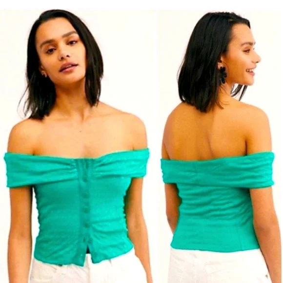Free People Ohana Off Shoulder Smocked Crop Top XL Green Bloomcore Festival Vaca
