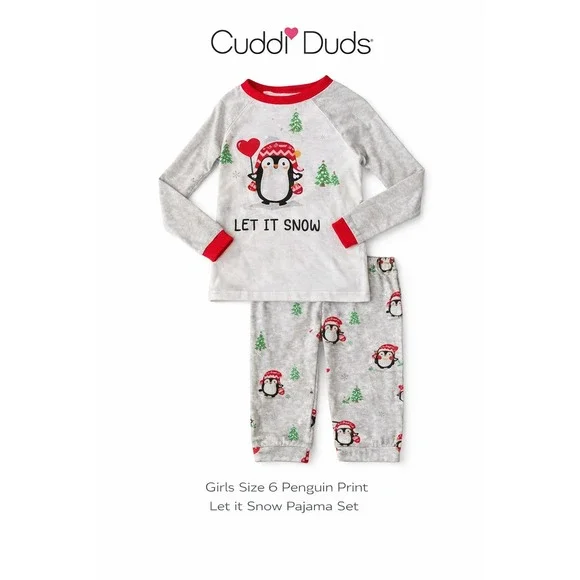 Cuddl Duds Girls Size 6 Penguin Print Let it Snow Pajama‎ Set Top Bottoms Gray