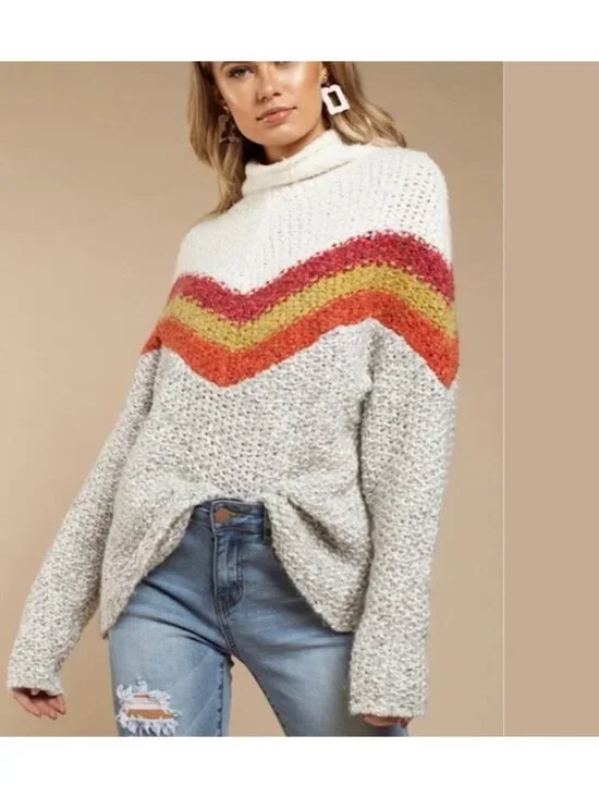 Free People Turn Around Chevron Chunky Knit Sweater Cream Grey Multicolor Small