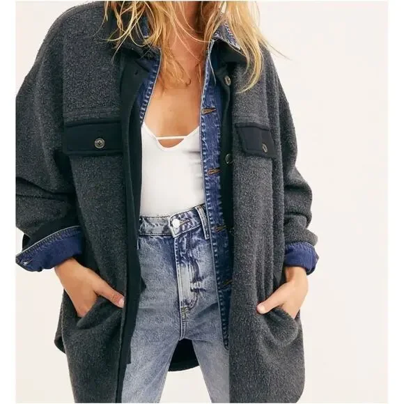 Free People Oversized Button Down Fleece Shacket Navy Blue Women's Size S