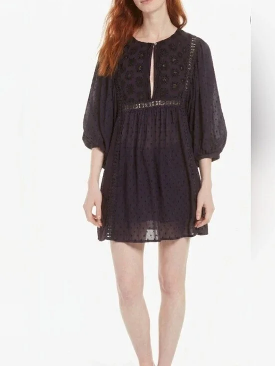 Free People Embroidered Deep Plum Swiss Dot Mini Dress,Size M.