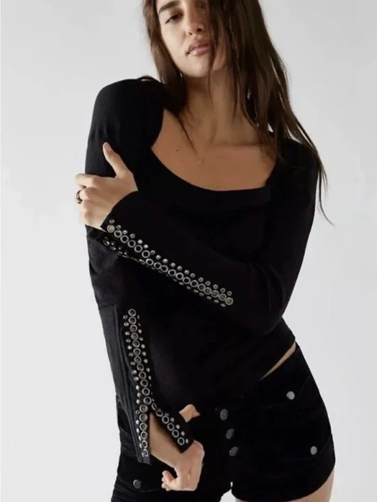 Free people a little unruly thermal long sleeve black metal medium