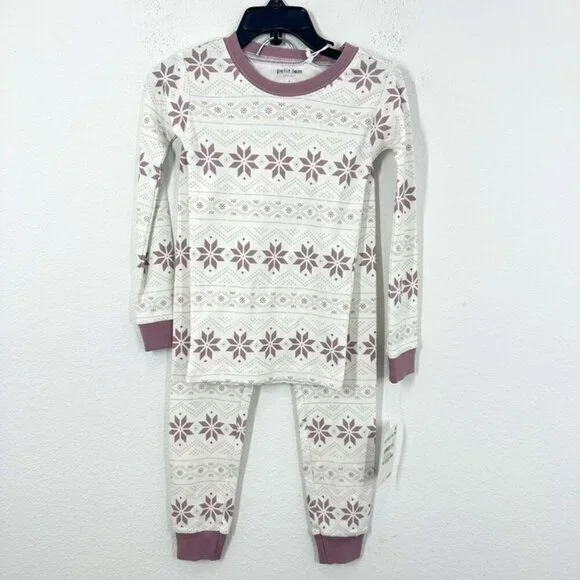 Petit Lem Holiday White Lavendar Mauve‎ Faire Isle Snowflake Organic Cotton PJ