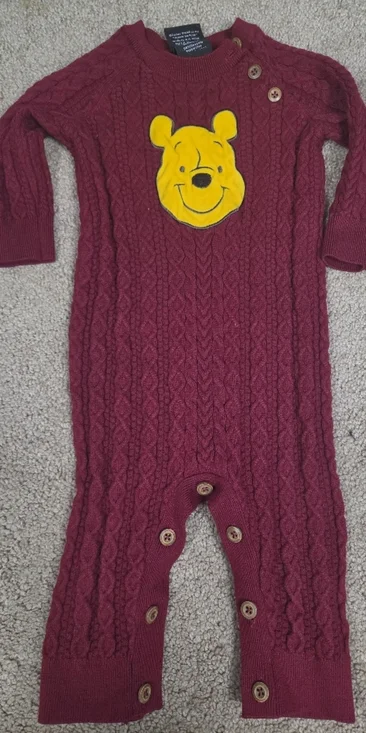 Disney Burgundy Cable Knit V-Neck Sweater with Yellow Winnie the Pooh Patch