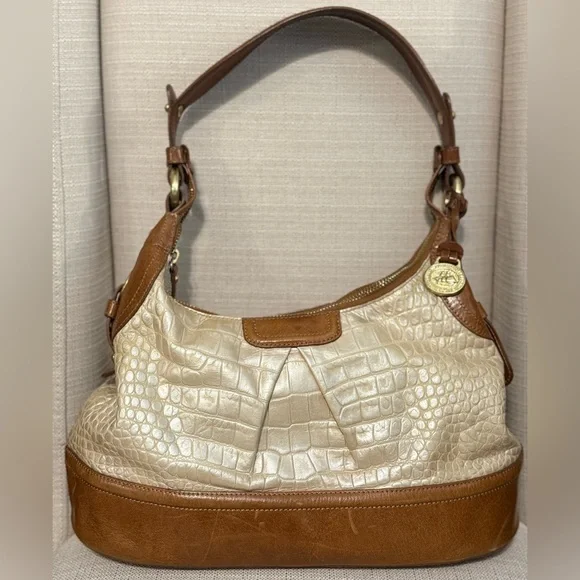 Brahmin Cream and Brown Croc-Embossed Leather Shoulder Bag
