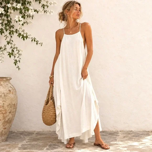 Free People Sz Medium Maxi Dress Coastal Gauze Cottagecore Fairy Beach Ethereal
