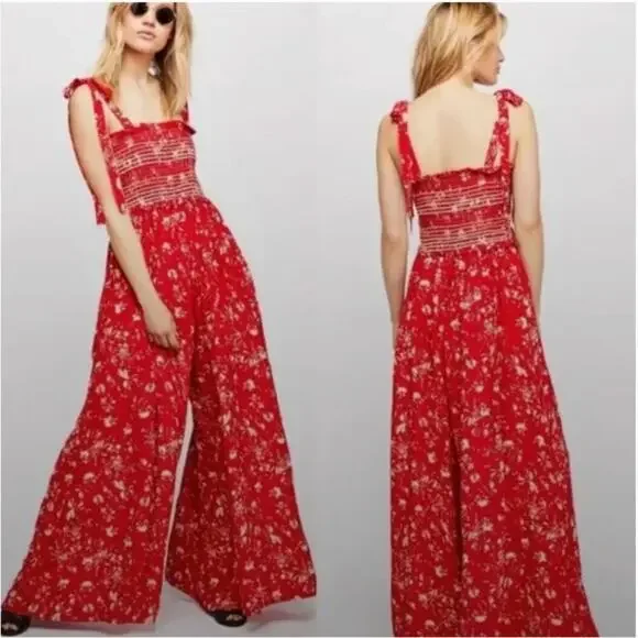 Free People Color My World Smocked Red Floral Wide Leg Jumpsuit