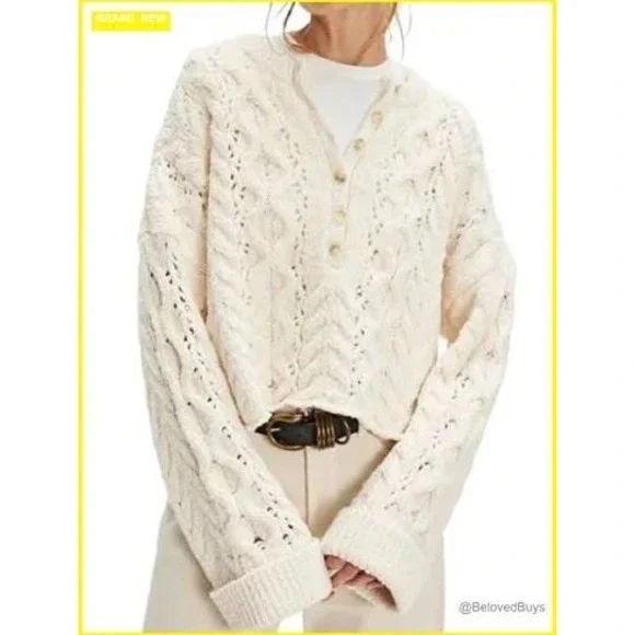 Free People Polly Cable Knit Cropped Cuffed Wrist Button Front Chunky Sweater LG