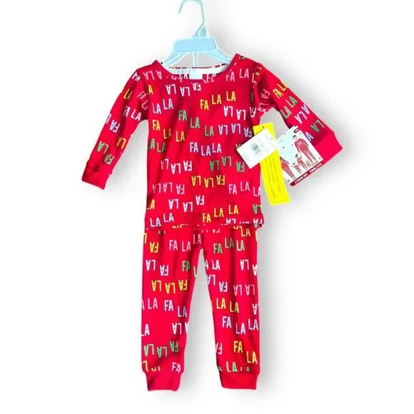 Hanes Infant Tight Fit 2 piece FaLaLa Christmas Pajama Set Size 12 mo  Red  NWT