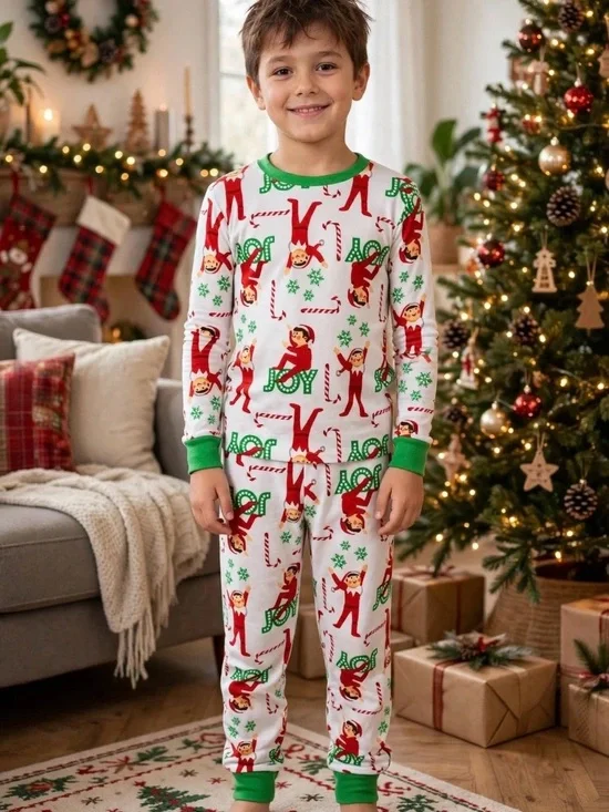 Kids Holiday Elf on a Shelf Pajama Set - White & Green Size 12