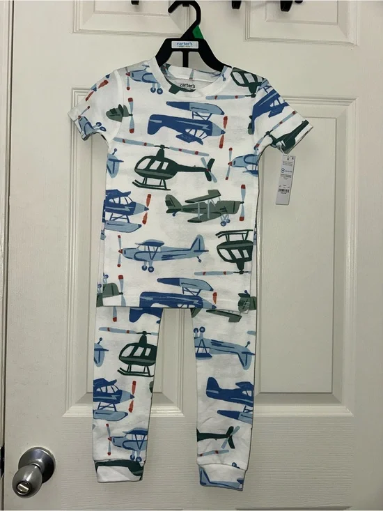 Carter's White Navy Green Blue Airplane Pajama Top
