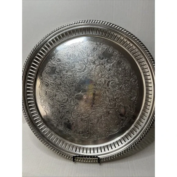 Vintage Sheffield Silver Co USA Silverplate Round Tray Ornate Engraved 14