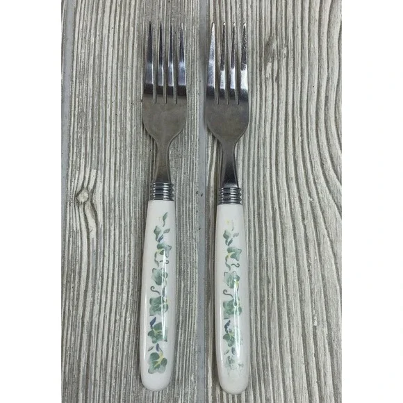 VTG Stainless Steel Forks Ceramic Ivy Leaf Pattern Handle Set of 2 White Green