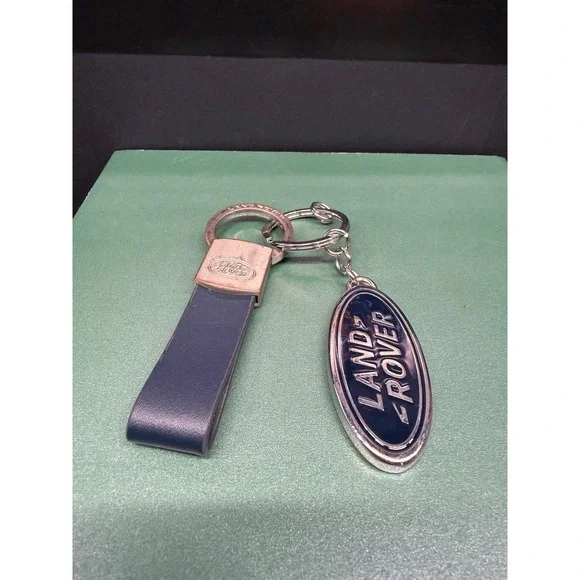 Land Rover Navy Blue Leather Loop and Oval Enamel Logo Keychain Silver Hardware