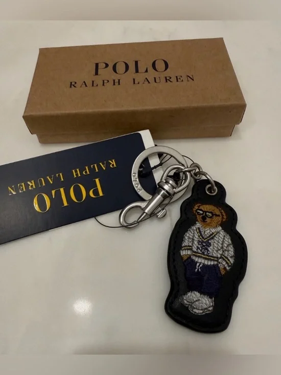NEW Polo Ralph Lauren PREPPY TENNIS BEAR - LEATHER Key Ring Keychain - NAVY BLUE