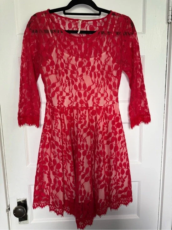Free People Red Floral Lace Overlay Fit & Flare Dress w/Asymmetrical Hem Boho 4