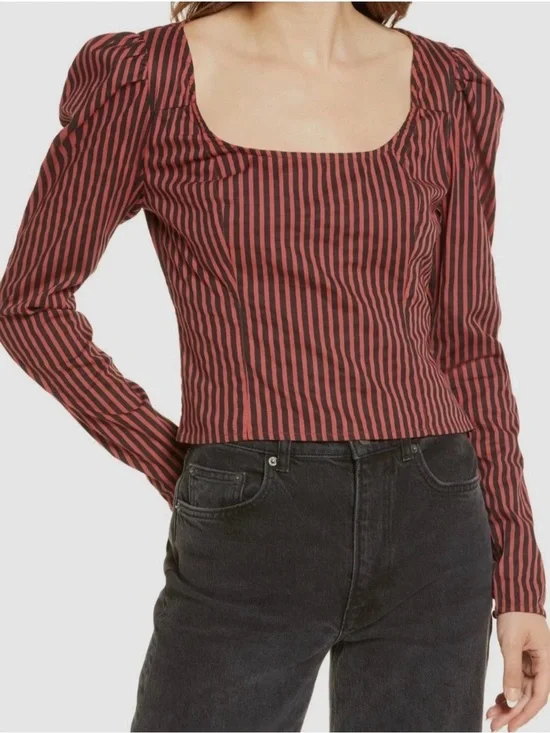 Free People Women's Red Striped U-Neck Long Sleeve Blouse Top Size L