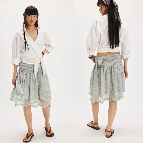 Free People Sanderson Midi Chic A-Line Eyelet Ruffled Skirt