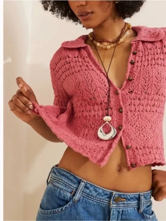 Free People Daylight Cropped Cardigan Faded Rose Open Knit Boho XL