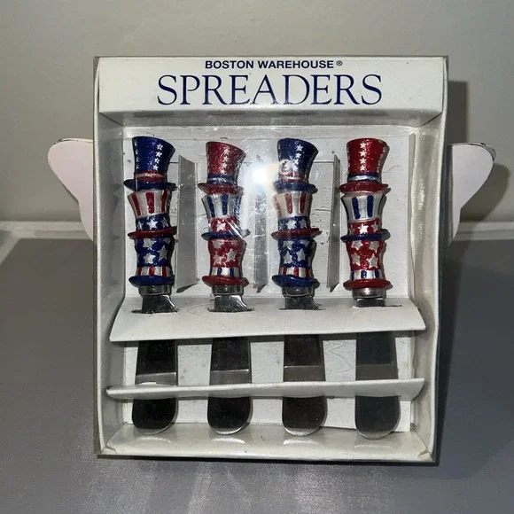 Vintage BOSTON WAREHOUSE Uncle Sam Hat Cheese Spreaders Set of 4 July 4th Decor