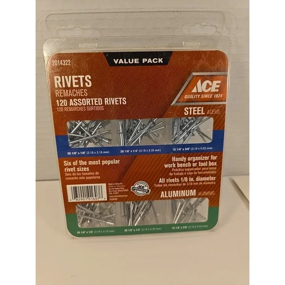 Ace 2014322, 1/8 in. Dia. x‎ 1/8 in. Aluminum, Steel Assorted Rivets 120 pk. FS