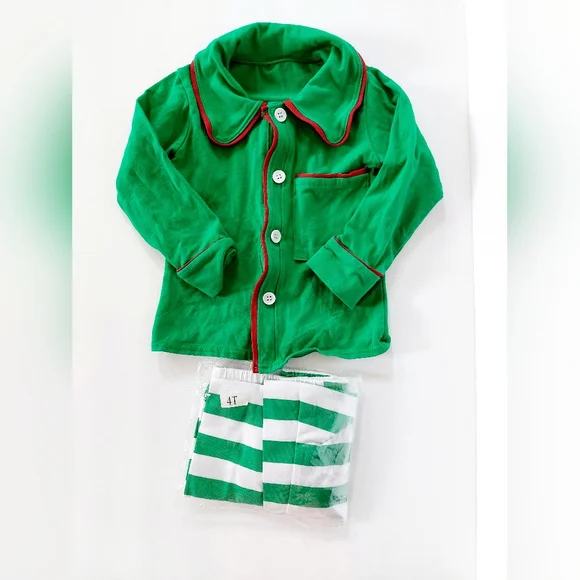 2pc Christmas Pjs 4T Green & Stripe 100% cotton‎