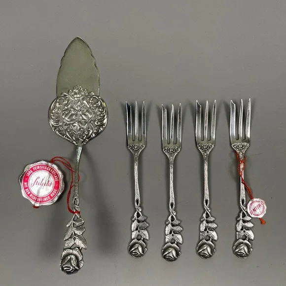Antiko 100 Hildesheimer Rose Silver Plated Cake Server and 4 Forks Set German