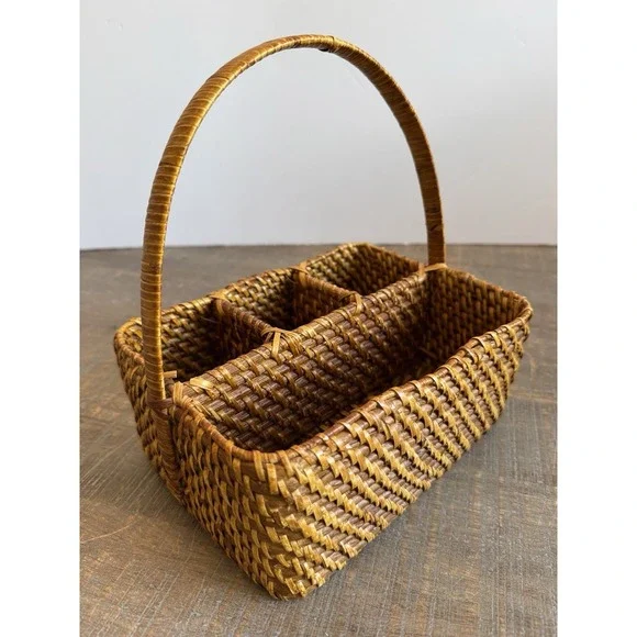Vintage Rattan Utensil Caddy With Handle