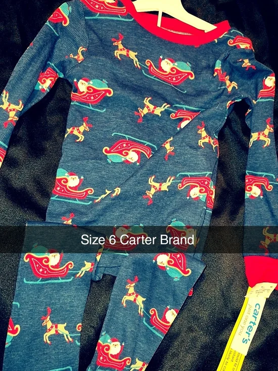 Carter's Blue Holiday Reindeer & Santa Sleigh Pajamas with Red Trim
