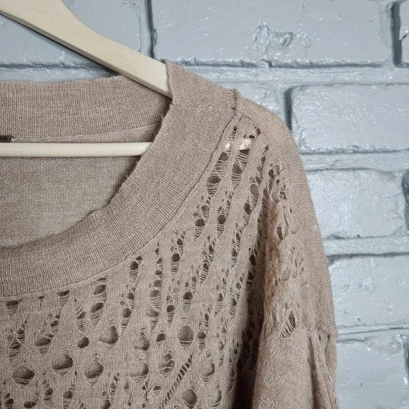 Free People Pointelle Sweater Beige Wool Blend Dolman Sleeve  S Cottagecore Boho