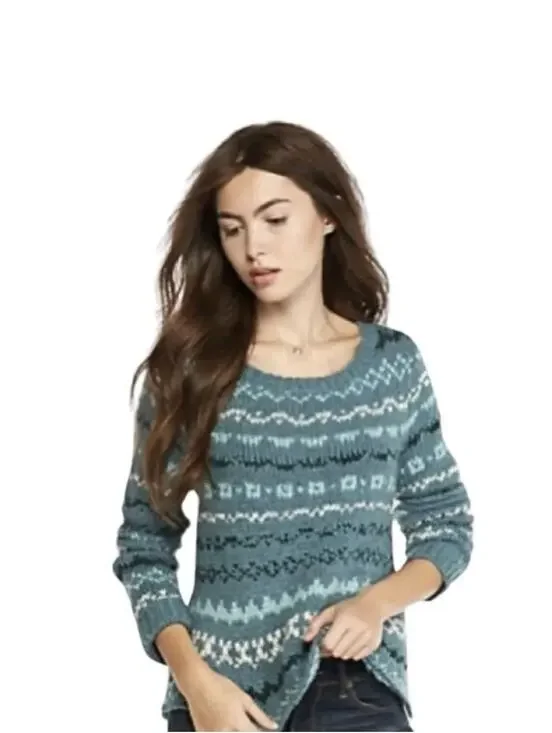 Free People Through The Storm Long Sleeve Sea Blue Sweater Size L