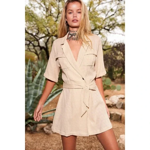 Free‎ People Clementine Mini Dress Womens S Beige Safari Resort Coastal Beach