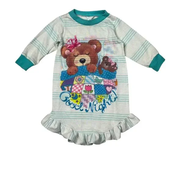 Vintage 70s Teddy Bear Long Sleeve Pajama Sleep Nightgown Girls Baby 12 Months