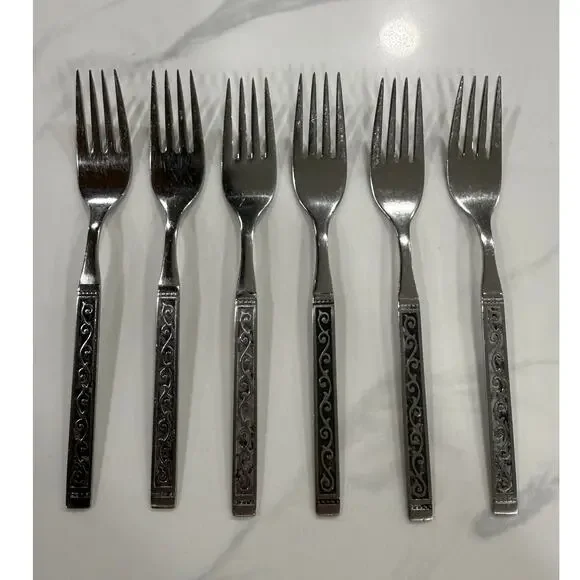 VINTAGE Oneida Spanish Court Salad Forks Set of 6 Stainless Black Scroll MCM