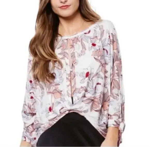 Free People Floral Print Tie Sleeve Slouch Blouse Lightweight Boho Pink White XS