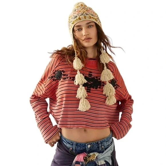 Free People Avalanche Long Sleeve Striped Beaded Tee Top