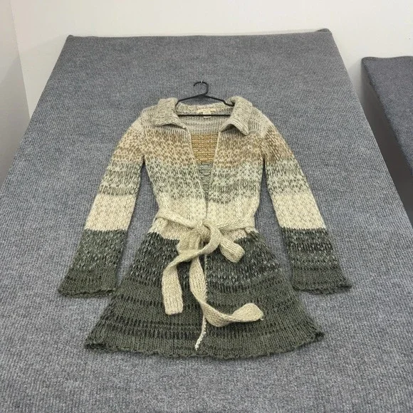 Free People Cardigan Womens M Green Acrylic Wool Belted Open Front Boho Style