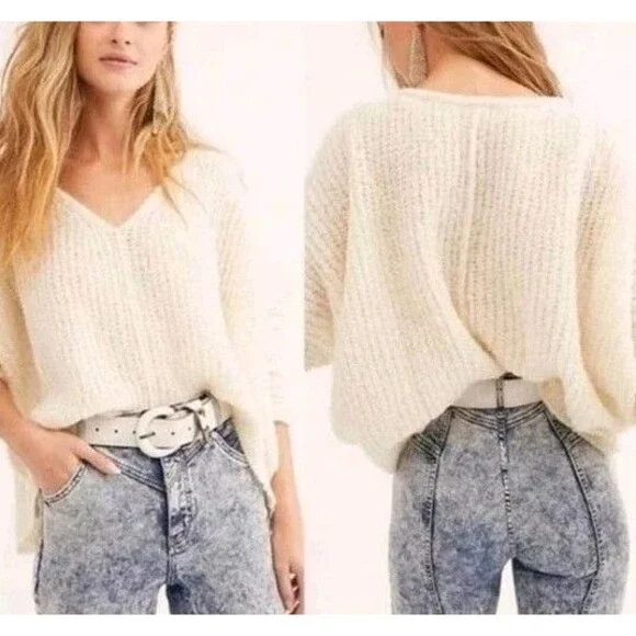 Free People Ivory Alpaca Blend Sweater Scoop Neck Oversize Moonbeam Fuzzy Boho M