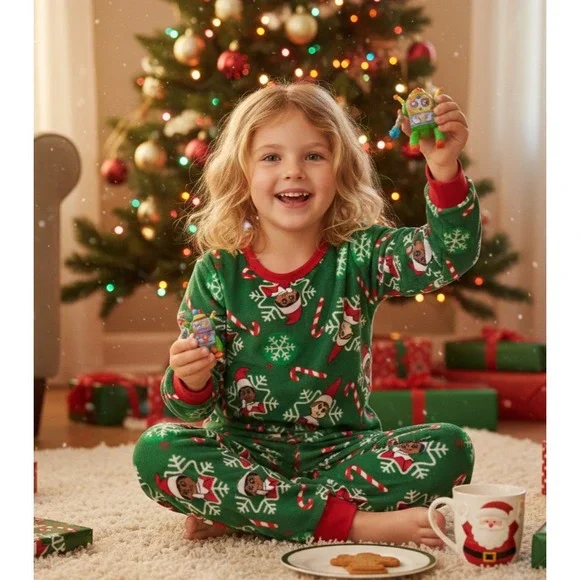 ELF ON THE‎ SHELF GREEN SOFT FLEECE PAJAMAS YOUTH 4  CANDY CANES SNOWFLAKES