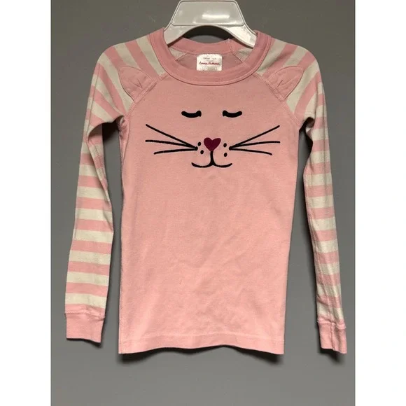 Hanna Andersson Girls Pink Cat Face Pajama Top Organic Cotton Striped Size 8 130