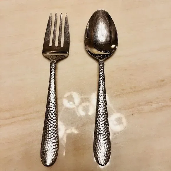 Set Of Towle Logan Hammered Stainless Serving Spoon & Serving Fork 8 3/4