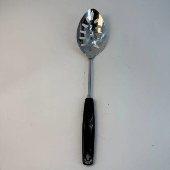 Vintage Foley Slotted Spoon Chrome Plate USA Black Handle 11 1/4