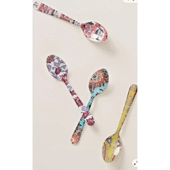 Anthropologie Blockprint Floral Boho Farm Teaspoons Set of 4 New Package 5.25