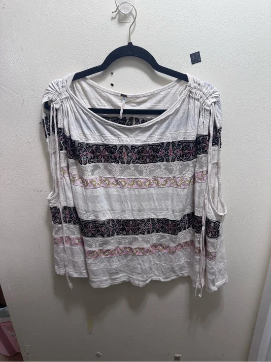 Free People White Cold-Shoulder Boho Tunic with Pink and navy Stripes size small